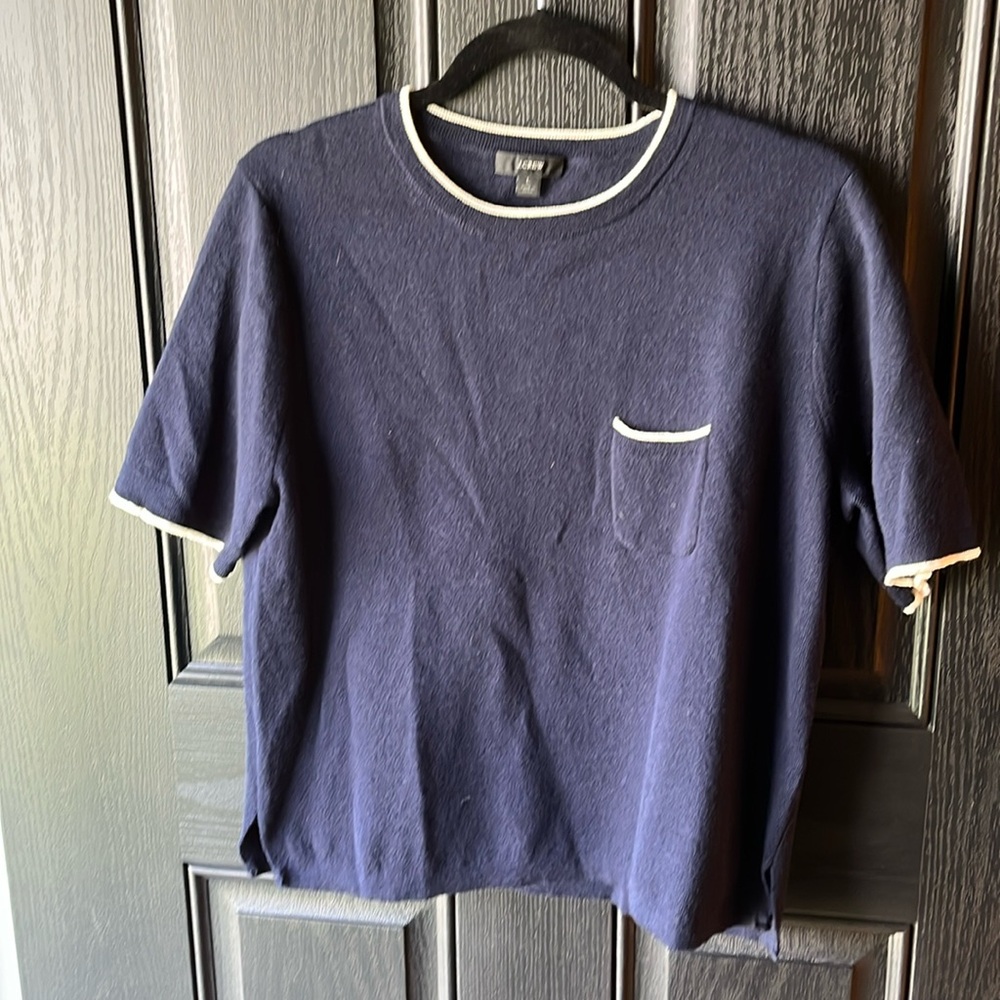 J.Crew navy w/white short sleeve merino wool top with chest pocket, large